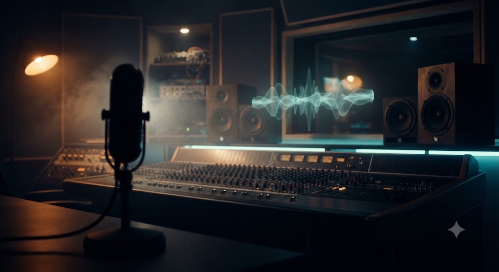 Studio sonore avec formes d'ondes audio néon lumineuses