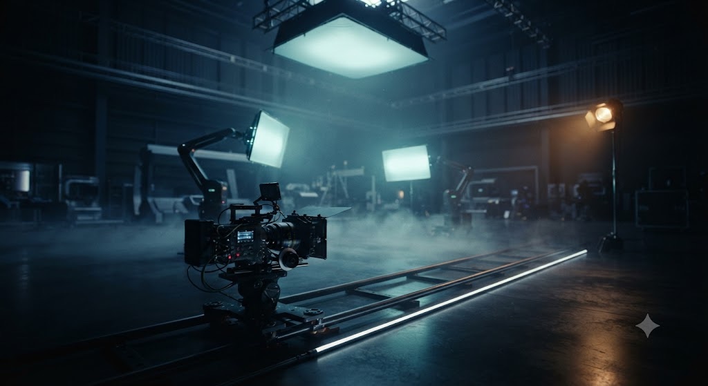 Plateau de tournage cinématographique avec silhouette de caméra et faisceaux de lumière néon