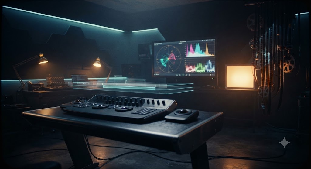 Suite de post-production avec moniteurs d'étalonnage et bandes de film